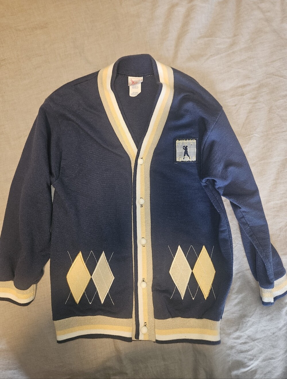 Vintage Boys 7 Buster Brown Navy Cardigan with Cream and Yellow Argyle EUC